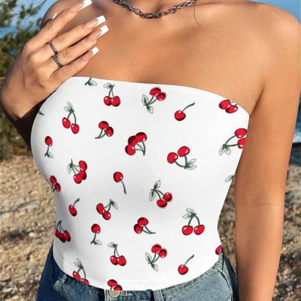 CHERRY PRINT STRAPLESS TOP WOMEN